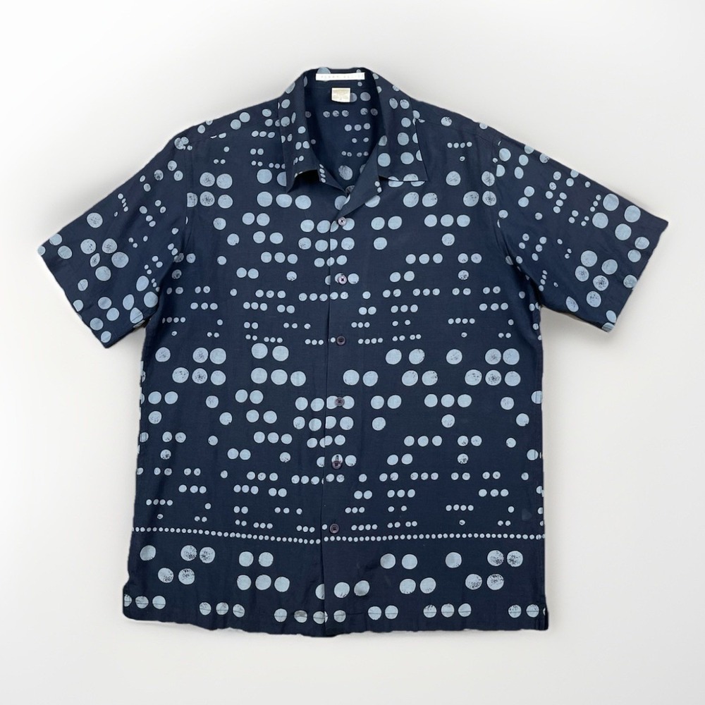 Perry Ellis Shirt Men's M Silk Linen Blend Short Sleeve Polka Dot Cuban Collar